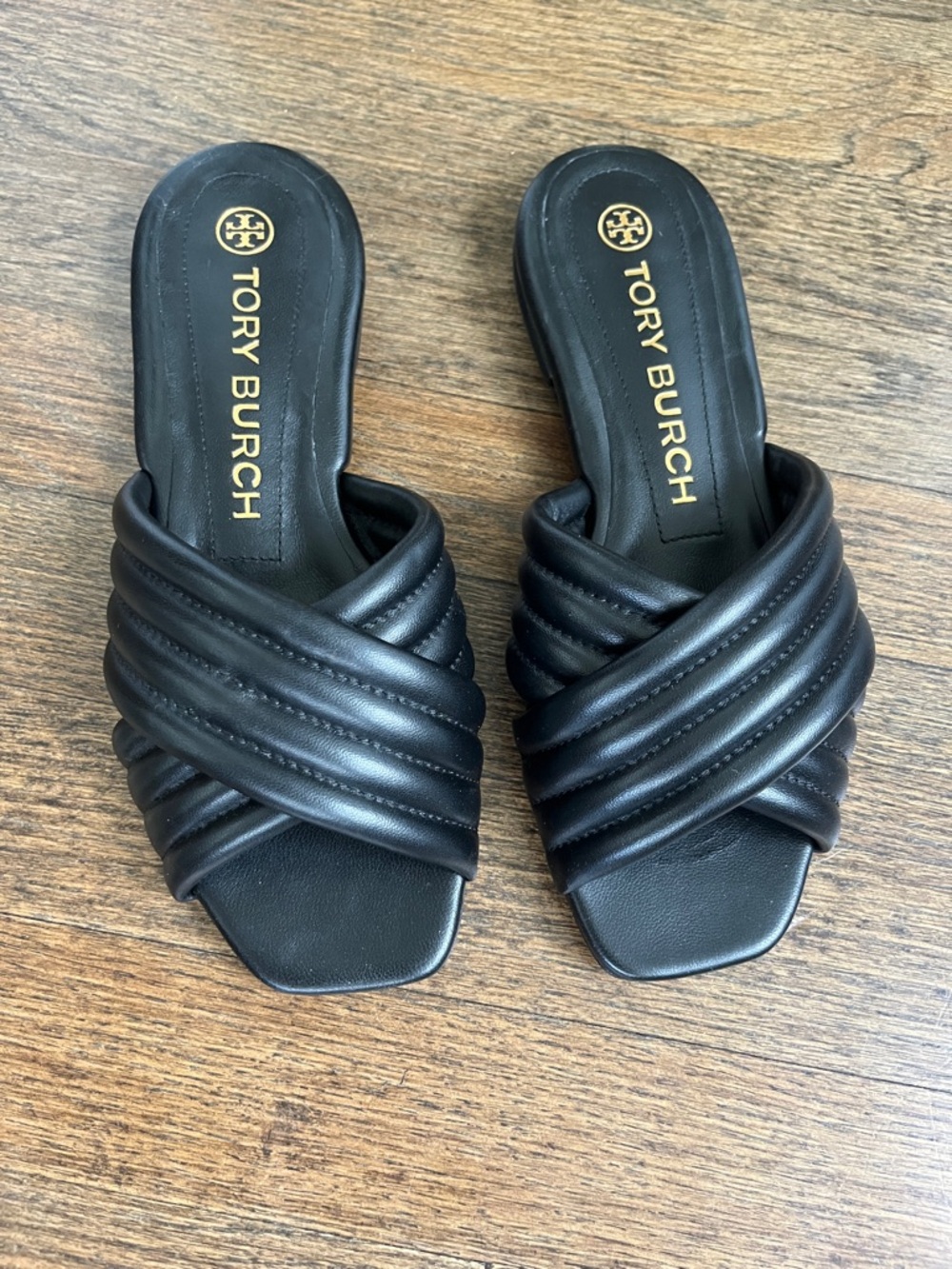 Tory Burch Black Quilted Crossover Slide Mules